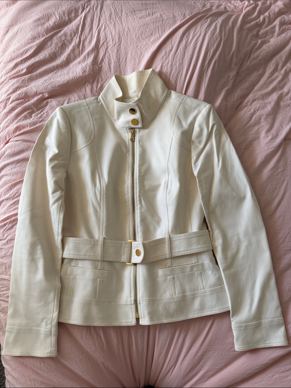 Women's Cream Belted Zip-Front Jacket